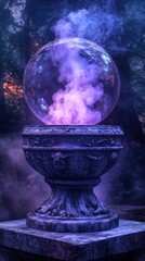 A captivating Halloween display showcases a floating crystal ball with vibrant smoke set against an enchanting forest and starry sky