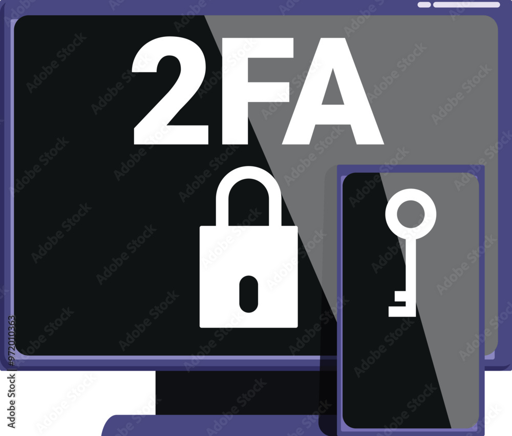 Poster computer monitor and a smartphone are displaying security information with a padlock and a key, illu