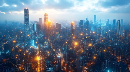 Obraz premium A bird’s-eye view of a futuristic metropolis, with glowing data lines crisscrossing between high-rise buildings, public spaces, and transportation hubs.