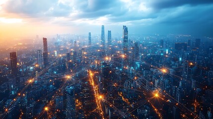 Fototapeta premium A bird’s-eye view of a global connectivity hub, with vibrant fiber optic lines linking high-tech skyscrapers, transportation hubs, and cities across the globe.