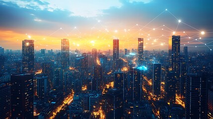 Fototapeta premium A bird’s-eye view of a modern metropolis at twilight, with glowing lines connecting high-rises, symbolizing cloud networks and wireless connectivity. The city pulses with digital energy,