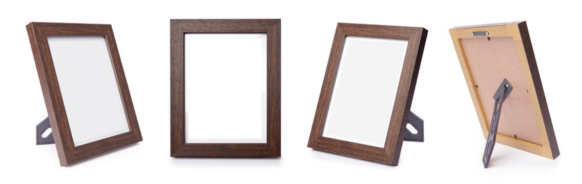 Desktop photo frame, Vertical standing brown wooden picture frame on white background,