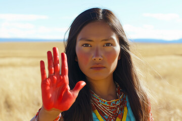 Young Native American, Indigenous, First Nations woman holding up red hand, missing women symbol