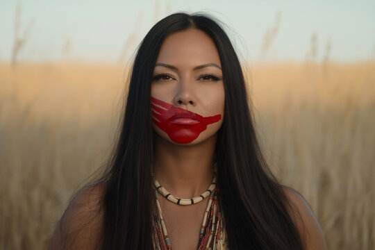 Young Native American, Indigenous, First Nations woman with red handprint on face, missing women symbol
