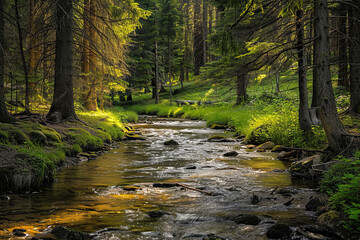 stream in the forest, green landscape with rocks and trees on the shore.
