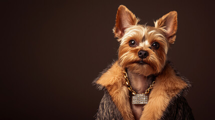 Naklejka premium Yorkshire Terrier wearing a fur coat and a diamond necklace