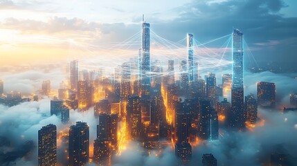 Fototapeta premium A digital city floating in a cloud of mist, glowing threads of light representing communication networks connecting every building. The futuristic metropolis hovers in the sky,