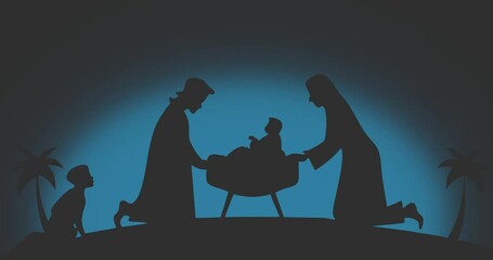 Christmas Holy Family. Cute Virgin Mary, saint Joseph and baby Jesus. Birth of Savior Christ. Outline doodle for Xmas holiday design. Sunrise background