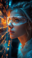 Woman wearing futuristic augmented reality glasses, gazing at a digital interface with glowing data streams. Sci-fi technology concept.