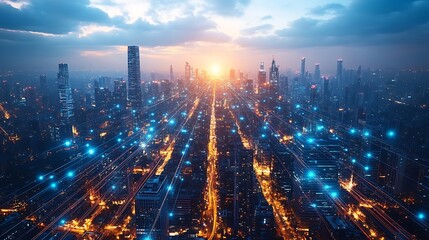 Obraz premium A drone’s perspective of a tech-driven city, where illuminated data cables and wireless signals crisscross between skyscrapers and roads.