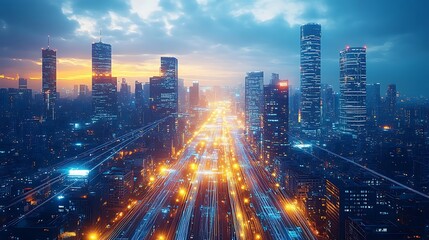 A drone’s perspective of a tech-driven city, where illuminated data cables and wireless signals crisscross between skyscrapers and roads.