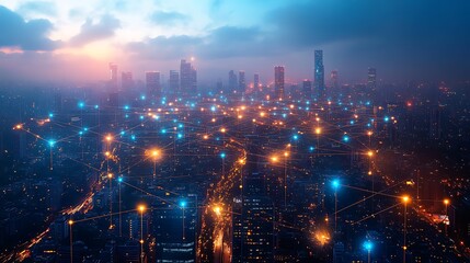 Fototapeta premium A drone’s-eye view of a futuristic city lit up by glowing data cables and wireless signals, connecting every building and transportation hub.