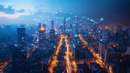 Obraz premium A drone’s-eye view of a smart city glowing with interconnected data cables and wireless signals. The vibrant network of communication links every building and road,