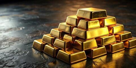 a stack of gold bars on a dark textured surface