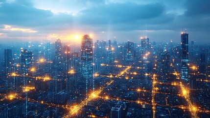 Fototapeta premium A futuristic AI-powered city seen from above, with glowing data circuits connecting every structure and street. The city pulses with digital energy, forming a vibrant network of neon lights,