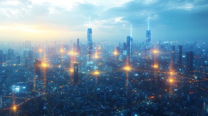 Fototapeta premium A futuristic AI-powered city seen from above, with glowing data circuits connecting every structure and street. The city pulses with digital energy, forming a vibrant network of neon lights,