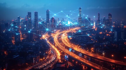 Naklejka premium A futuristic city at night, with glowing digital energy flowing through communication lines interwoven between high-rise buildings and highways. The neon web of connectivity illuminates the cityscape,