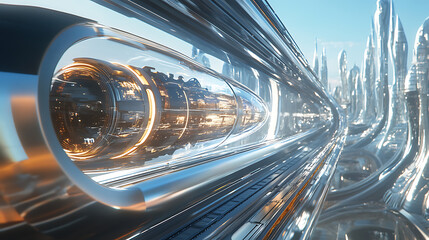 Fototapeta premium A hyperloop pod zooming through a transparent tube with passengers visible inside and a futuristic cityscape in the distance
