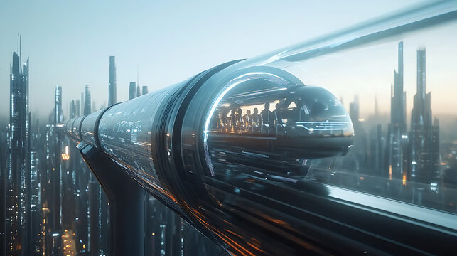 A hyperloop pod zooming through a transparent tube with passengers visible inside and a futuristic cityscape in the distance