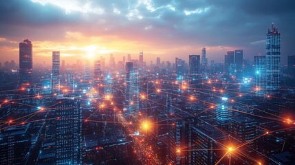 Fototapeta premium A futuristic city brimming with activity, where glowing digital networks link every street, building, and transportation system.