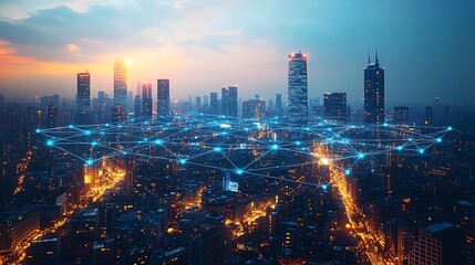 Fototapeta premium A futuristic city brimming with activity, where glowing digital networks link every street, building, and transportation system.