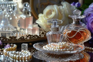 Fototapeta premium Dressing table with perfumes and pearl beads