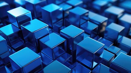 Obraz premium Abstract background of blue metallic cubes in a close-up view with a shallow depth of field.