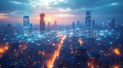 Fototapeta premium A futuristic city glowing with digital energy, where interconnected communication lines crisscross between towering skyscrapers, public spaces, and transportation routes.