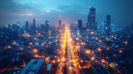 A futuristic city glowing with digital networks that power communication and transportation systems, seen from a drone’s perspective. The neon-lit web of connectivity stretches across skyscrapers,