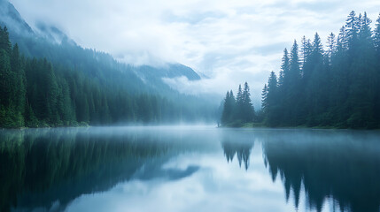An outdoor meditation session by a crystal-clear lake surrounded by towering pine trees and soft fog rolling across the water