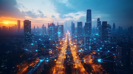 Obraz premium A futuristic city glowing with digital networks that power communication and transportation systems, seen from a drone’s perspective. The neon-lit web of connectivity stretches across skyscrapers,