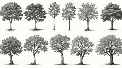 Obraz premium Tree Illustrations variety of isometric plant illustrations for landscape design, featuring trees and bushes in a blocky white background,