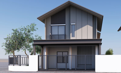 Trend Modern House, Tropical Inspired, in grey tone color with garden and tree in modern japanese style. 3D Rendering