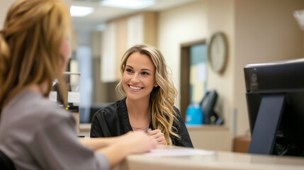 Reception desk area, emphasizing its cleanliness and professionalism, Smiling receptionist greeting patients