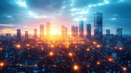 Obraz premium A futuristic city glowing with neon data cables and wireless signals that connect buildings, transportation hubs, and digital infrastructure. The network pulses with digital energy,