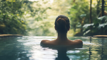 A woman enjoying a peaceful detox bath in a rustic natural hot spring set deep within a remote forest