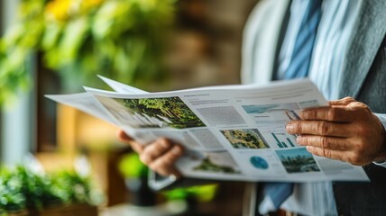Close-up of financial advisors flipping through printed climate risk analysis reports, climate risk, ESG investment planning