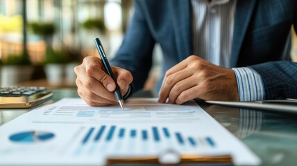 Close-up of financial advisors writing notes on printed ESG research papers, investment notes, research review