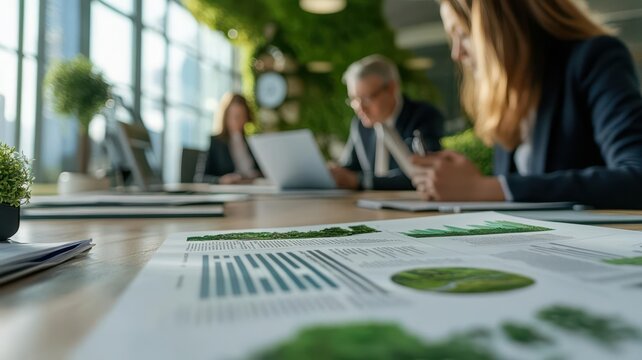 Financial advisors analyzing printed environmental impact statements in a conference room, environmental impact, investment strategy