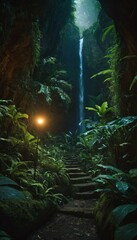Inside a deep mystical jungle canyon at night, can be used as background, wallpaper. Ai generated image