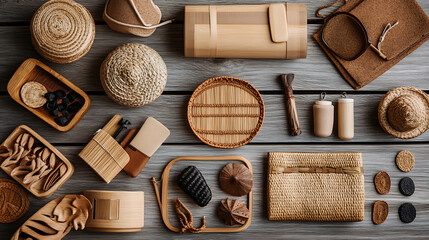 A flat lay of eco-friendly fashion accessories made from organic materials like bamboo and cork arranged on a natural wooden surface