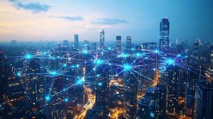 Fototapeta premium A futuristic city skyline with towering high-rises connected by glowing blue and purple lines, symbolizing cloud networks and wireless connectivity. The city pulses with digital energy,
