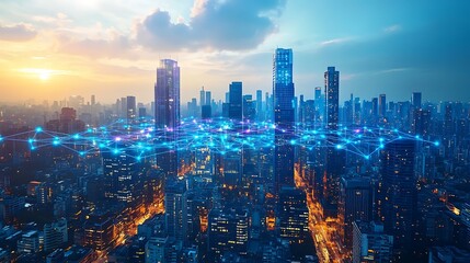 Fototapeta premium A futuristic city skyline with towering high-rises connected by glowing blue and purple lines, symbolizing cloud networks and wireless connectivity. The city pulses with digital energy,