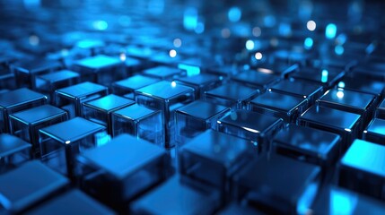 Obraz premium Abstract background of shiny blue cubes with shallow depth of field and blue bokeh.
