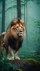 Naklejka premium fantasy lion in a misty forest. Ai generated image