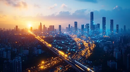 Fototapeta premium A futuristic cityscape at twilight, with glowing neon communication lines connecting advanced highways, smart trains, and sleek glass skyscrapers.
