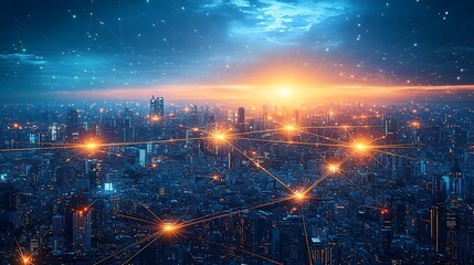 Fototapeta premium A futuristic global city viewed from orbit, with continents interconnected by glowing data streams forming a web of communication across the planet. The neon-lit lines pulse with energy,