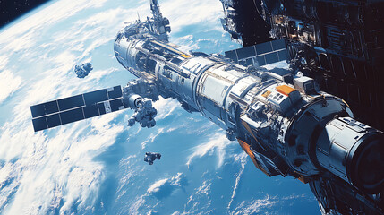 Obraz premium A futuristic spacecraft docking at a massive space station orbiting Earth with astronauts floating in zero gravity