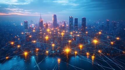 Fototapeta premium A futuristic global metropolis at night, with glowing fiber optic lines extending across oceans, linking continents and skyscrapers in a dense network.