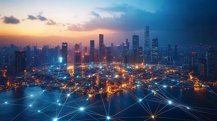 Fototapeta premium A futuristic global metropolis at night, with glowing fiber optic lines extending across oceans, linking continents and skyscrapers in a dense network.